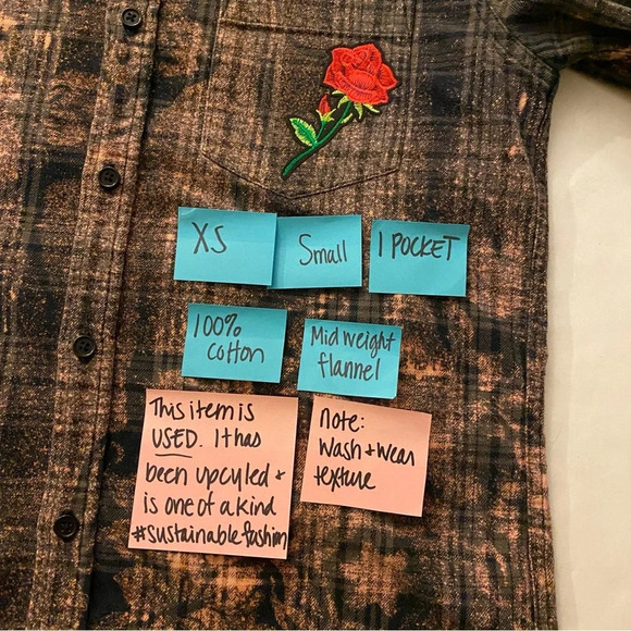 Handmade Boho Flannel Shirt Floral Stencil Bleached Plaid Womens XS Small Snake - Picture 6 of 9